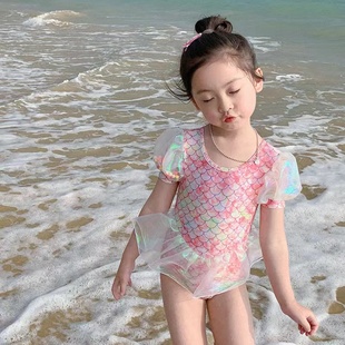 2023夏季女童美人鱼游泳衣连体公主风网纱梦幻可爱宝宝度假女孩