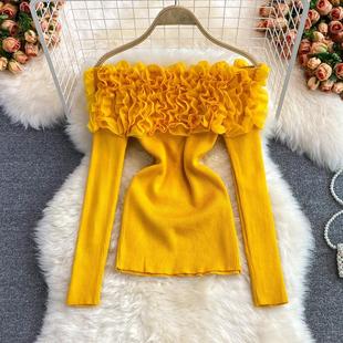 韩版春秋女装时尚毛衣女一字领层层雪纺花朵甜美针织衫上衣