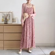 宽松雪纺吊带g长裙高个子开衫两件套女夏季海边度假沙滩碎花连衣