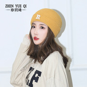 高档羊绒线韩版日系r字母，百搭毛线帽，冬季糖果多色青年针织冷帽女