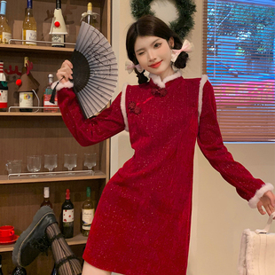 新年战袍新中式红色旗袍裙2024春季赫本高级感小红裙拜年服连衣裙
