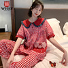 睡衣女夏季纯棉梭织，格子新年短袖韩版可爱红色本命年家居服女套装