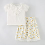 女童白色蕾丝短袖上衣宝宝碎花，半身裙子套装儿童，夏装t恤腰裙2件套