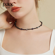 JXRX复古黑色水晶项链女天然珍珠锁骨链气质简约猫咪颈链脖子配饰