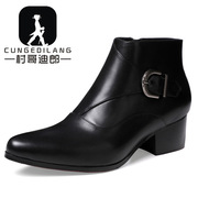 村哥迪郎冬季男士尖头短靴，透气牛皮中跟男靴，商务潮靴加绒中帮皮靴