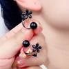 气质冷淡风黑色花朵耳环女时尚高级感珍珠花卉耳钉一款两戴耳饰品