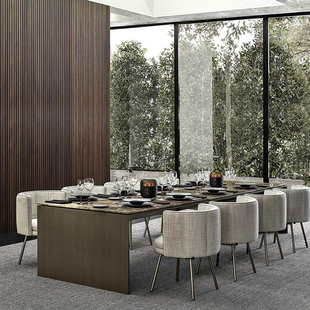 轻奢后现代会议桌椅组合长方形天然大理石台面金属餐桌不锈钢家具