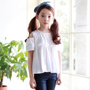 夏装白色夏季童装女童露肩T恤韩版百搭款儿童短袖娃娃衫