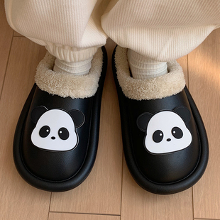 细细条熊猫棉拖鞋男女冬季可外穿居家用情侣防水防滑保暖棉鞋ins
