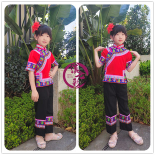 云南彝族服装2024春季短袖黑裤子两件套装，民族风红色绣花女装