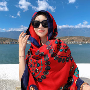 2024红色腰果旅游防晒丝巾，女夏季民族风围巾，披肩外搭长款纱巾