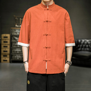 亚麻短袖衬衫男夏季薄款外套，中国风男装唐装，半袖棉麻上衣复古衬衣