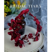 旅拍写真酒红色花朵发箍敬酒服头饰套装韩式新娘结婚礼服造型饰品