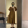 宽松连衣裙女夏季2024韩版纯色，简约设计感方领连衣裙中长裙潮