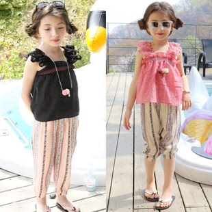 韩版童装夏季套装中小女童，棉麻背心+雪纺，休闲防蚊裤儿童2件套装