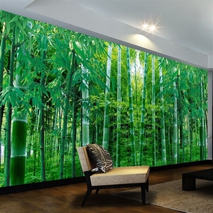 田园风景竹子壁画荷花家用墙布5d电视背景，墙纸中式8d立体山水壁纸