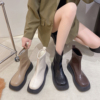 2022秋季韩版圆头马丁靴女套筒平跟平底厚底，薄款休闲纯色靴子女