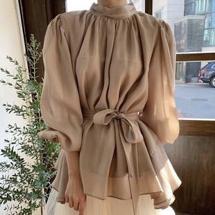 韩国chic秋季法式优雅半高领褶皱感设计系带收腰显瘦灯笼袖衬衫女