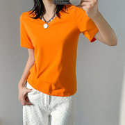 夏季短袖t恤女装橙色宽松大码棉体恤V领chic港味显瘦上衣