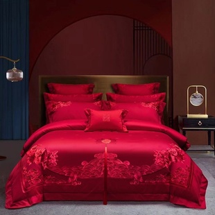 全棉婚庆四件套婚礼床上用品大红色结婚被套床单纯棉婚房套件龙凤