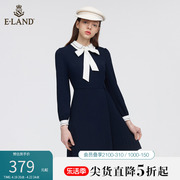 eland衣恋长袖连衣裙女藏青色，显瘦蝴蝶结通勤职业裙子夏季