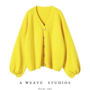 重磅加厚!柠檬黄灯笼，袖v领粗针羊绒，毛衣开衫女纯羊绒针织开衫