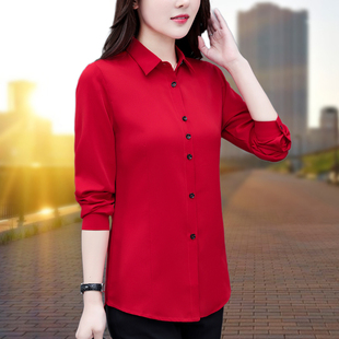 大码衬衫女士长袖春秋漂亮雪纺衫显瘦上衣，气质职业装红色衬衣