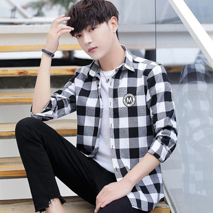 黑白格子衬衫男土长袖韩版初中高中学生帅气外穿衬衣男士潮牌外套