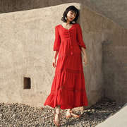 茶卡湖海边度假短袖连衣裙红色民族，风旅游穿搭沙漠，拍照长裙女夏季