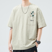 短袖t恤男款夏季潮牌印花椰子树海滩图案，美式复古竹节棉宽松上衣