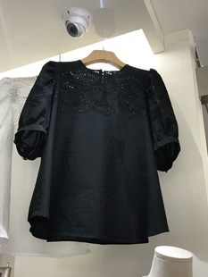 韩版2024夏季镂空钩花短袖t恤女设计小众泡泡袖上衣