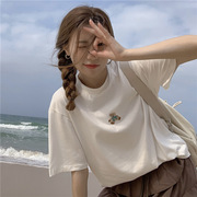 2022夏季韩版刺绣小熊卡通宽松BF风短袖T恤女圆领套头体恤打底衫