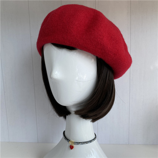 羊毛55-59cm帽围可调节女款日系，复古红色贝雷帽画家帽女帽子