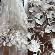 白色立体蝴蝶透明网纱刺绣花面料布料婚纱，礼服服装连衣裙子布料