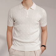 澜外夏季polo衫男士短袖，高端纯色简约麻花纹，翻领修身纯棉t恤