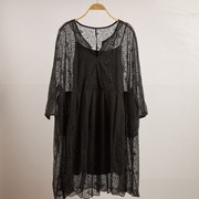 2023年夏季新黑色(新黑色，)蕾丝欧根纱莫代尔，两件套连衣裙遮肉减龄加大码