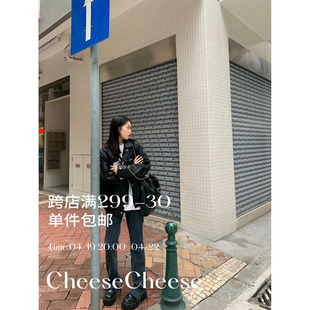 cheese'飞行员笔记'春秋，美式夹克复古机车宽松翻领，黑色皮衣外套女