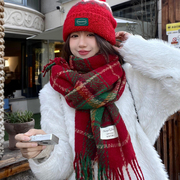 新年红色围巾女学生冬季韩版格子百搭加厚保暖高级感圣诞围脖披肩