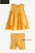英国Next女童黄色宽松裙式T恤上衣紧身短裤套装389-284