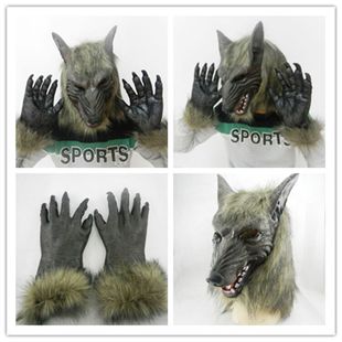 成人灰色狼头狼手套恐怖面具万圣节动物套装儿童抖音乳胶动物头套
