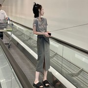 欧洲站2023港味御姐高级感套装裙休闲时尚开叉半身裙两件套夏