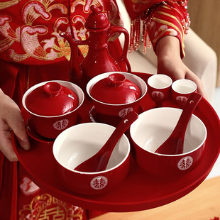 结婚敬茶杯喜碗用品套装，碗筷改口新婚一对敬酒红碗陶瓷喜茶杯茶具