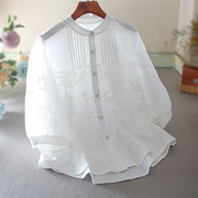 白色新中式立领气质衬衫女国风，薄款灯笼袖宽松休闲刺绣花上衣夏季
