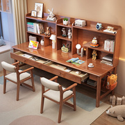 儿童书桌书架组合一体实木，双人学习桌家用卧室中小学生写字桌椅子