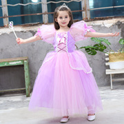  夏季儿童长发公主裙 短袖粉紫色礼服 女童连衣裙蓬蓬裙宝宝