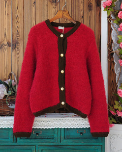 韩国制原单撞色毛圈圈马海毛纯羊毛温暖厚款枣红毛衣开衫外套