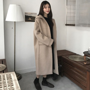 2021秋冬新韩版女毛呢，外套黑色米色纯色长款连帽，宽松气质呢子大衣