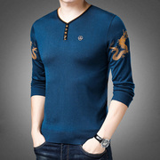 男士v领毛衣含羊毛中青年薄款印花针织衫，秋冬季龙长袖(龙长袖)t恤线衣