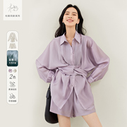 杜鹃同款对白DUIBAI法式紫色套装女夏2024衬衫短裤两件套