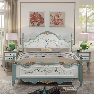 地中海床田园风格主卧床1.8米双人床欧式彩绘，家具美式乡村实木床
